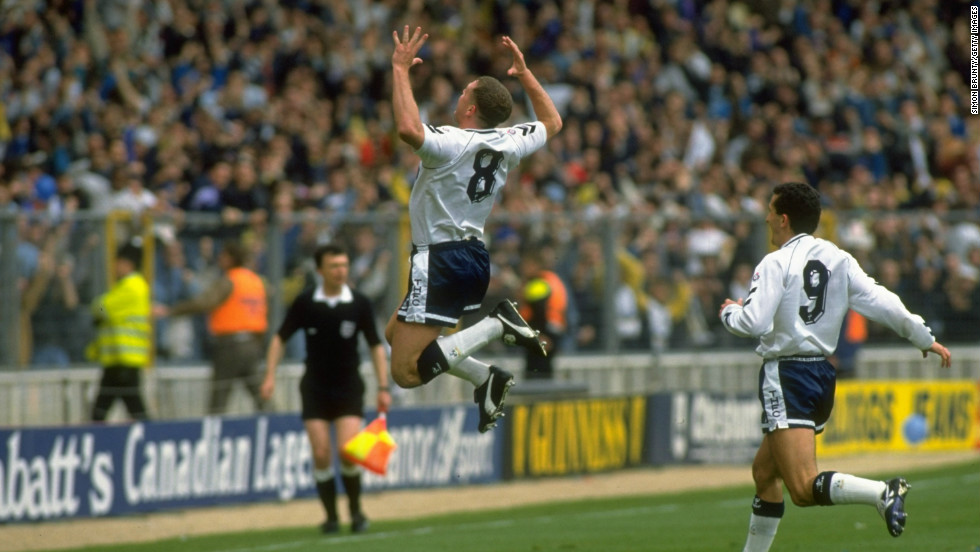 Gascoigne goes airborne after scoring a stunning goal in Tottenham&#39;s 1991 FA Cup semifinal win over Arsenal 