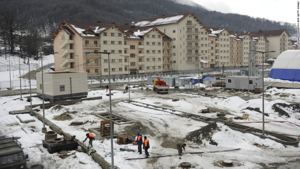 The total cost is expected to top $50 billion, with much of the infrastructure being built from scratch. This picture taken on January 24 shows a view of a new hotel constructed near a railway station between Adler and Krasnaya Polyana Olympic venues in the Caucasus Mountains.