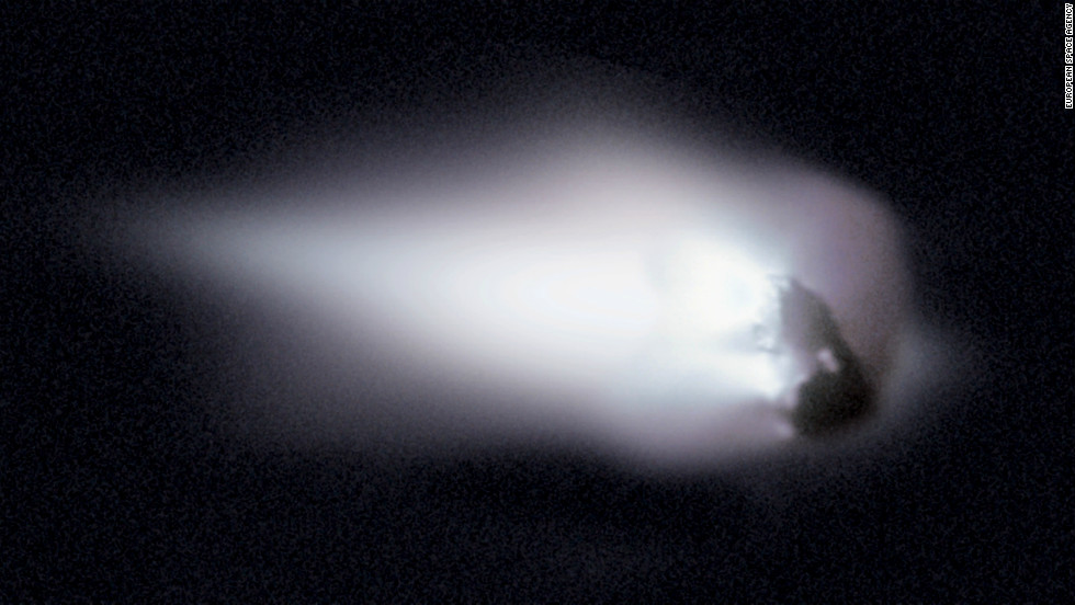 In 1986, the European spacecraft Giotto became one of the first spacecraft to encounter and photograph the nucleus of a comet. This photo shows Comet Halley&#39;s nucleus. The debris from the nucleus creates the trail of debris responsible for the Orionids meteor shower each October and the Eta Aquariids in May.