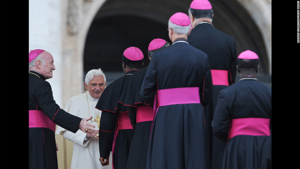 Benedict  talks with bishops in Saint Peter&#39;s Square at the Vatican after his weekly general address in November 2009.  