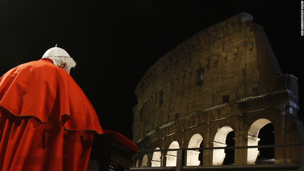 Benedict prays on Good Friday in April 2010 at the Roman Colosseum.