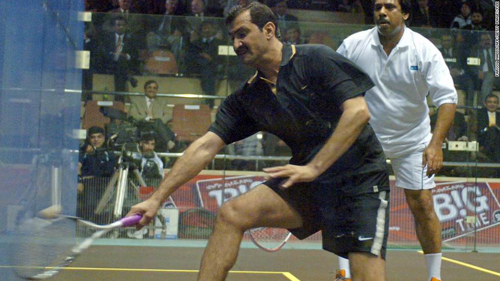 However, she fell short of the record 555 successive wins set between 1981-86 by Pakistani squash legend Jahangir Khan, pictured left in an exhibition against his former rival Jansher Khan in 2005.