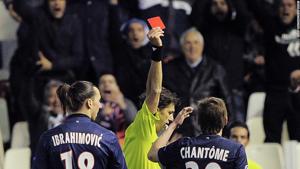 Ibrahimovic was shown a straight red card following a controversial studs-up challenge on Andres Guardado. It was the Swede&#39;s third red of his Champions League career, only Edgar Davids, four, has more. It means that the striker will miss the second leg in Paris.