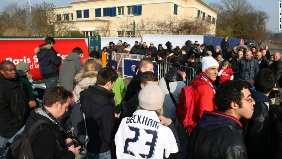 Hundreds of fans and journalists flocked to the Paris Saint-Germain training ground Wednesday to get a glimpse of David Beckham in action on the practice field.  The interest in Beckham&#39;s move to the French club has caused huge excitement with the anticipation building ahead of the midfielder&#39;s possible debut on Sunday.