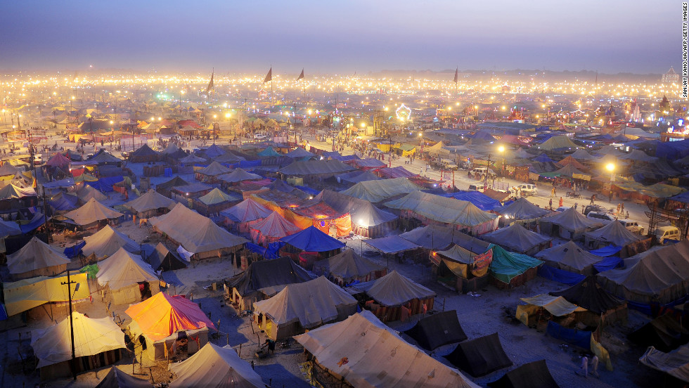 Temporary tents for devotees fill Sangamat at dusk during the Kumbh Mela festival in Allahabad, India, on Wednesday, February 13. 