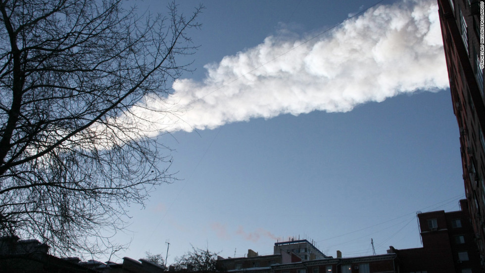 The meteor leaves a white streak through the sky. The national space agency, Roscosmos, said scientists believed one meteoroid had entered the atmosphere, where it burned and disintegrated into fragments, according to RIA Novosti.