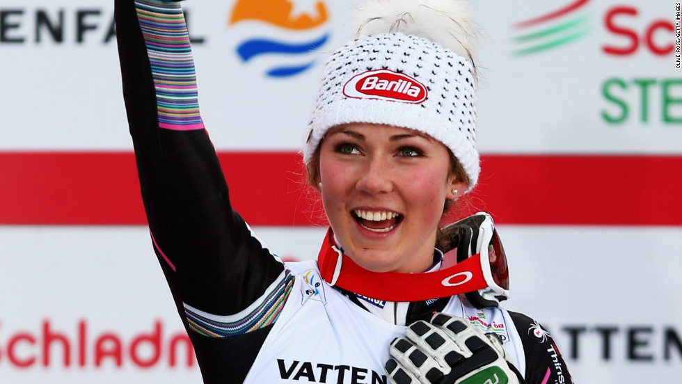 Shiffrin, who won her first World Cup race in December last year, celebrates on the podium after a remarkable victory. 