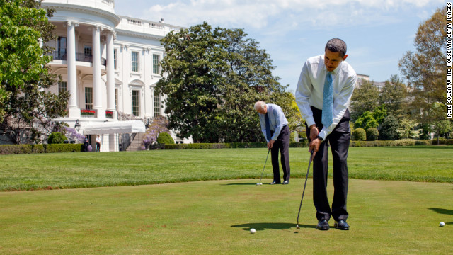 President Barack Obama and Vice President Joe Biden putt on the White House putting green in 2009. Fifteen of the last 18 presidents have played golf.