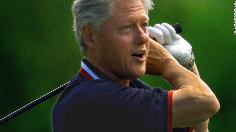 President Bill Clinton watches as his first tee shot heads off the course and into the trees during a round of golf at the Farm Neck Golf Club of Martha&#39;s Vineyard during a family vacation on August 23, 1999. He took a second shot and it landed in the same area. Clinton was known for taking Mulligans, a do-over shot in a friendly match. The press even coined a term for them -- &quot;Billigans.&quot;
