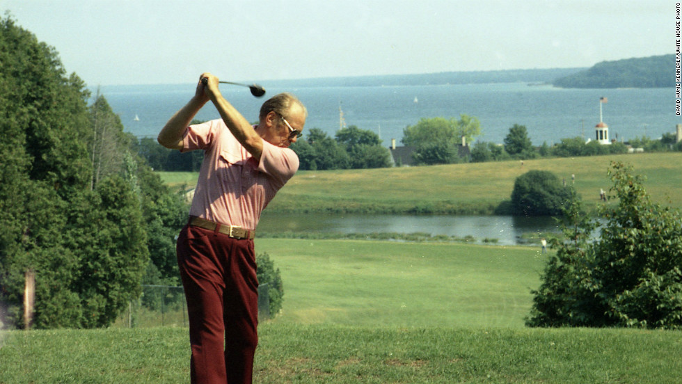 President Gerald Ford plays golf during a working vacation on Mackinac Island in Michigan on July 13, 1975.