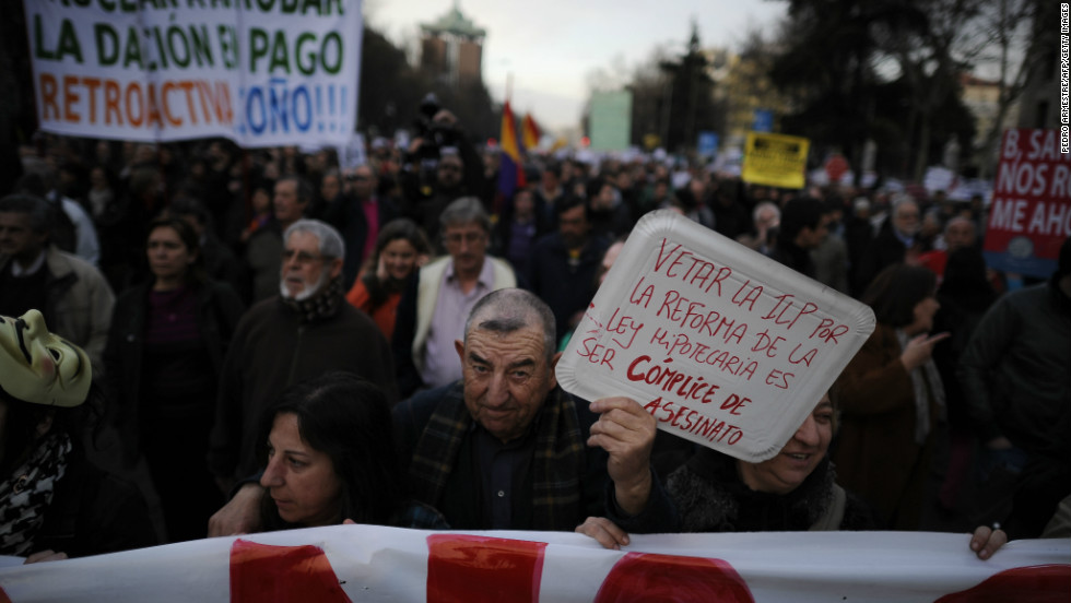 People attend a demonstration called by the organization Platform for Mortgage Victims on February 16 in Madrid. 