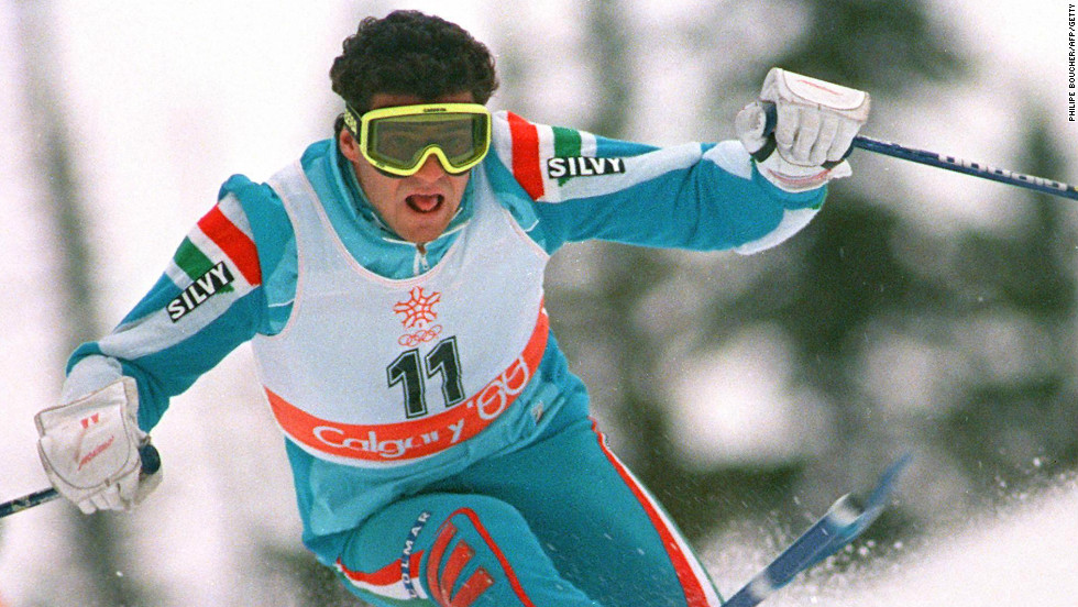 Tomba on his way to gold at the 1988 Winter Olympics in Calgary, where he won the slalom and giant slalom crowns.