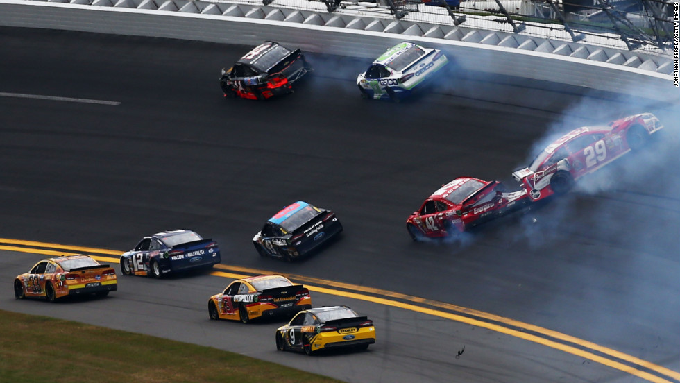 No. 29 Kevin Harvick, right, spins out of control after crashing into No. 42 Juan Pablo Montoya.