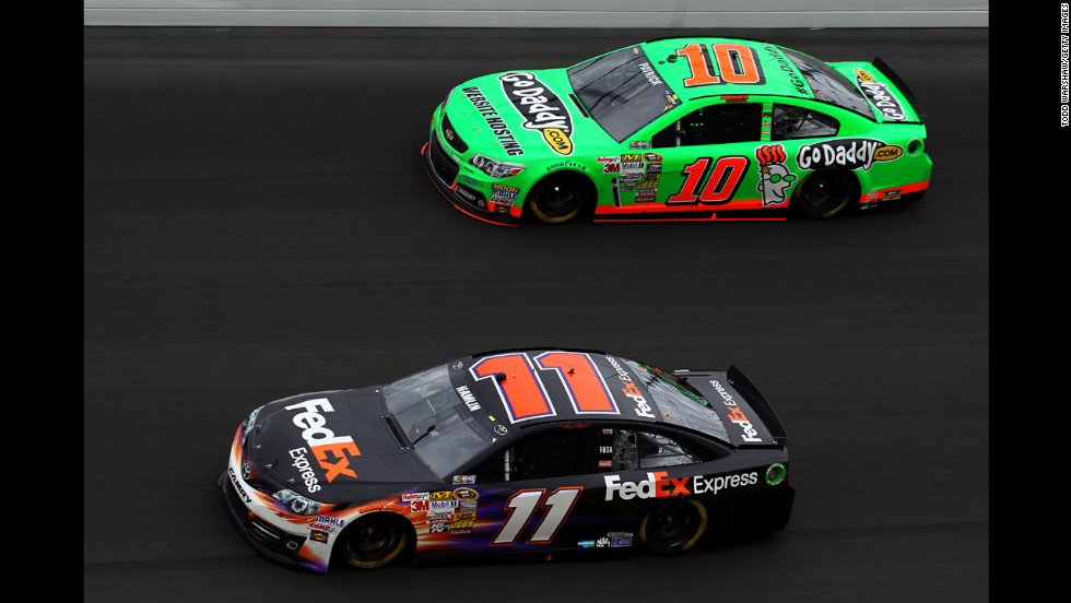 No. 11 Denny Hamlin leads Danica Patrick on Sunday. Patrick, who started out the race in front, entered the final lap in third place but got boxed in and ended up in eighth place.