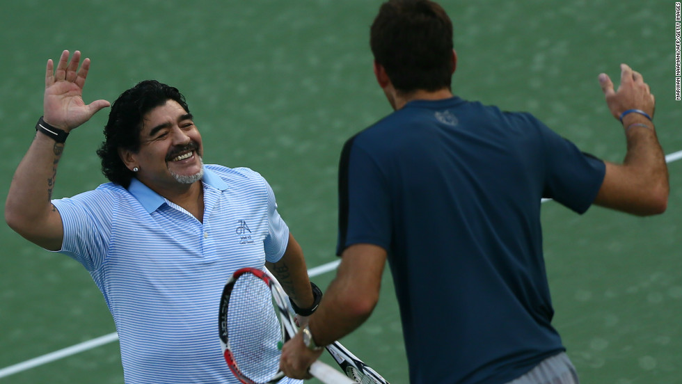 Maradona and del Potro embrace following the short cameo session. The former Barcelona and Napoli star, who is in Dubai on ambassadorial duties, left the court to huge applause for the watching spectators.