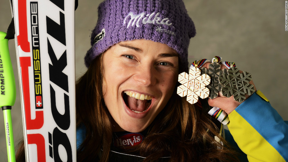 Maze shows off her gold medal from the super-G in Schladming.  