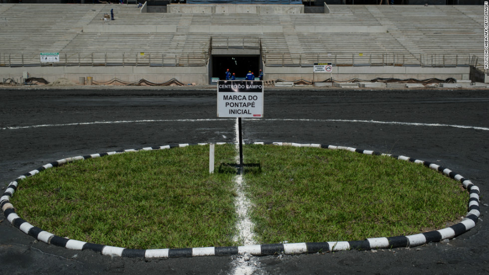 A panel marks the exact place of the kick off for the next FIFA World Cup 2014.