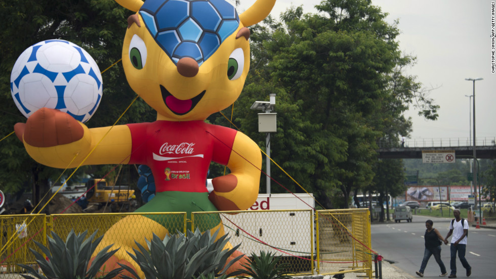 A huge inflatable Fuleco, the mascot of the Brazil 2014 FIFA World Cup, stands by the Maracana stadium in Rio de Janeiro, Brazil, on January 15, 2013.