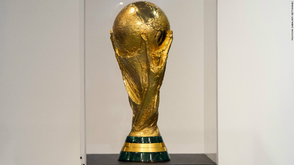 The trophy of the FIFA World Cup 2014, brought to Brazil by former Brazilian football player Cafu from the FIFA headqueaters in Switzerland, is displayed at Morumbi shopping center in Sao Paulo, Brazil, on September 22, 2012.