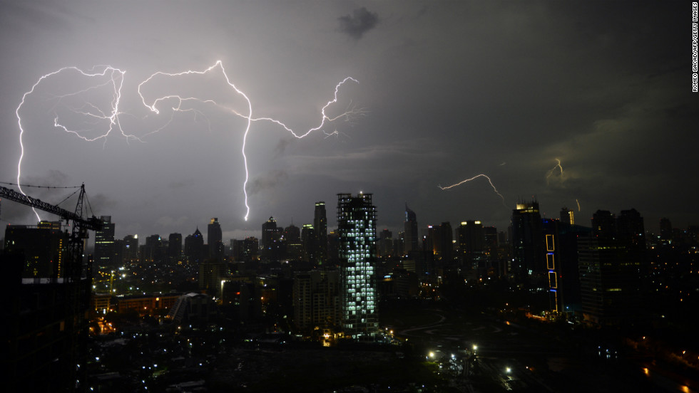 Lightning strikes over Jakarta&#39;s skyline late on March 3 during monsoon rains.