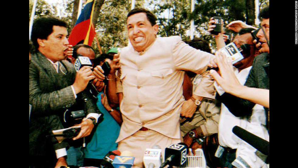 Army Lt. Col. Hugo Chavez, who led a 1992 attempted coup, speaks to reporters on March 26, 1994, after he was freed from jail. Chavez was freed after charges were dropped against him for leading the first of two attempted coups against the government of former President Carlos Andres Perez, who was later removed from office. 