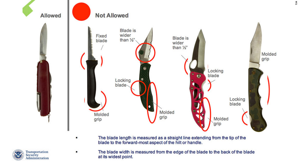 Knives with locking blades will not be allowed under the new rules.