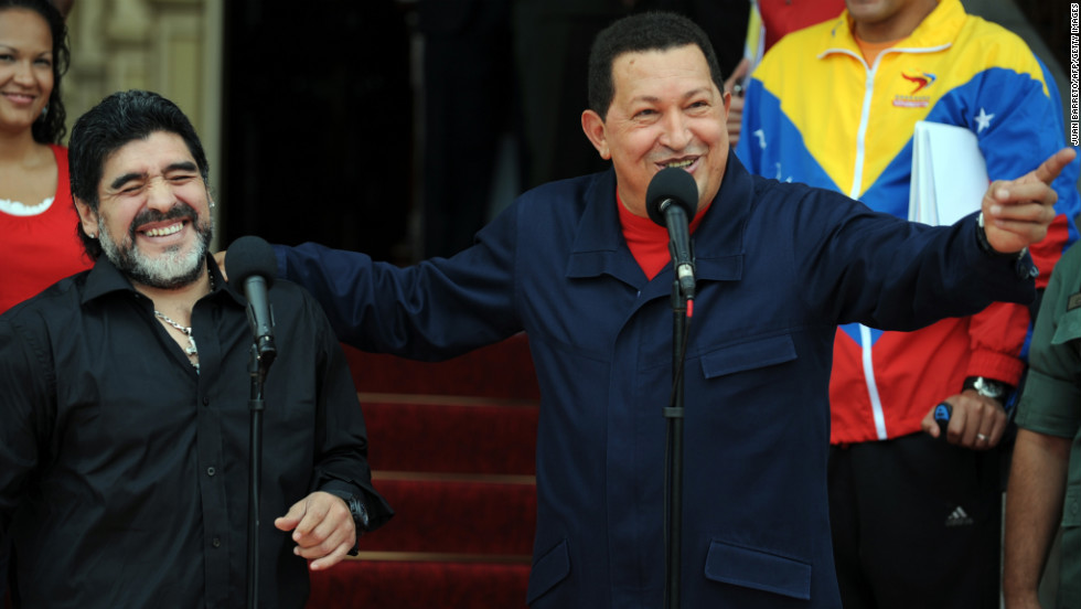 Argentine soccer legend Diego Maradona shares a laugh with Chavez at a press conference in Caracas on July 22, 2010.