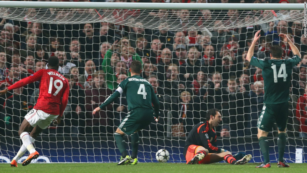 Danny Welbeck&#39;s effort is deflected past Diego Lopez by Sergio Ramos as United went 1-0 ahead on the night.
