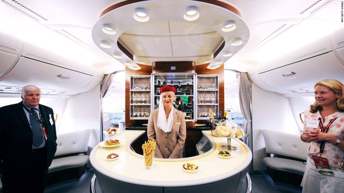 The A380&#39;s size means it can easily accommodate a lounge bar, such as this one offered by Emirates. Other airlines have promised gyms or casinos, but haven&#39;t delivered.