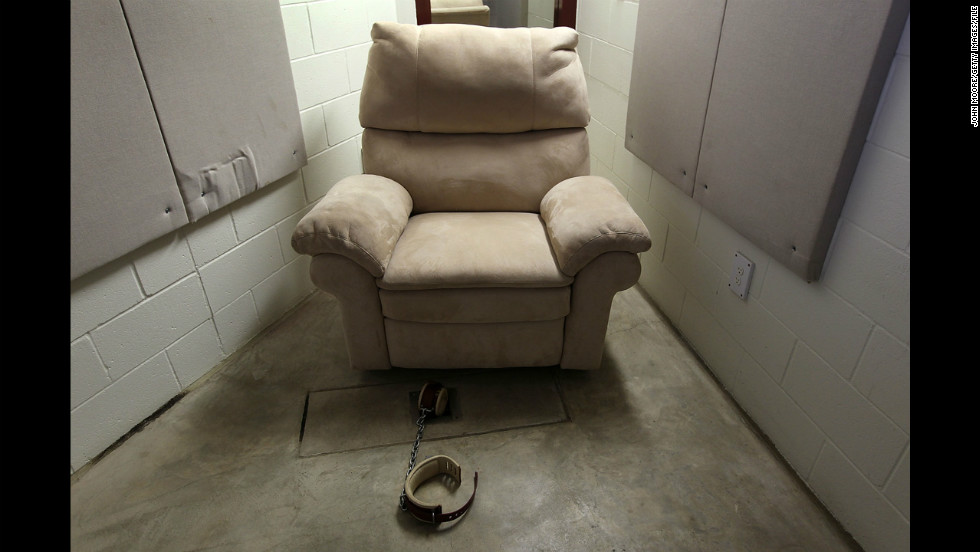 A seat and shackle await a detainee in the DVD room of a maximum-security detention center in March 2010. 