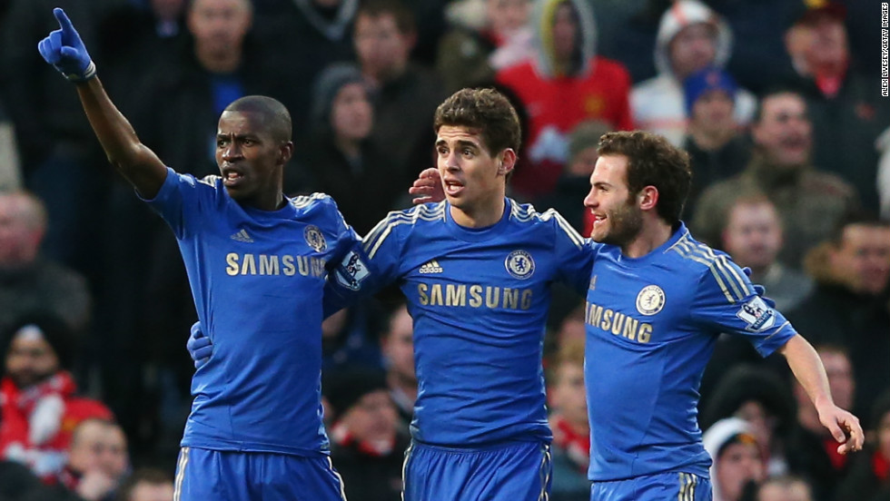 Ramires (L) celebrates after his equalizer at Old Trafford earned Chelsea an FA Cup quarterfinal replay against Manchester United.