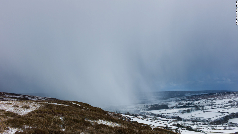 Brief but heavy snowstorms move across the Yorkshire moors on Monday, March 11, in the United Kingdom. 