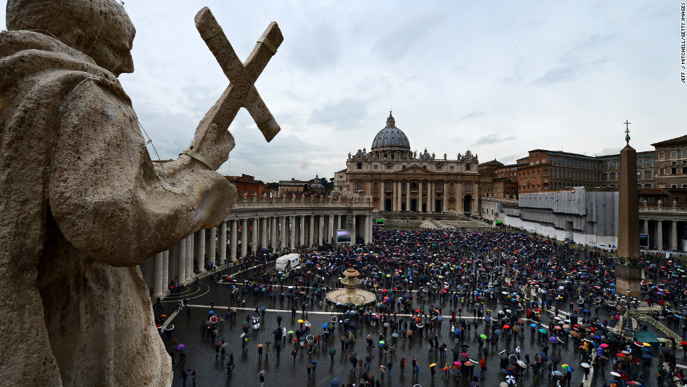 Crowds gather in St. Peter&#39;s Square on the second day of the conclave on March 13.