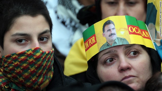 Abdullah Ocalan (pictured on headband) is the leader of the PKK, he was captured and imprisoned by Turkey in 1999. 