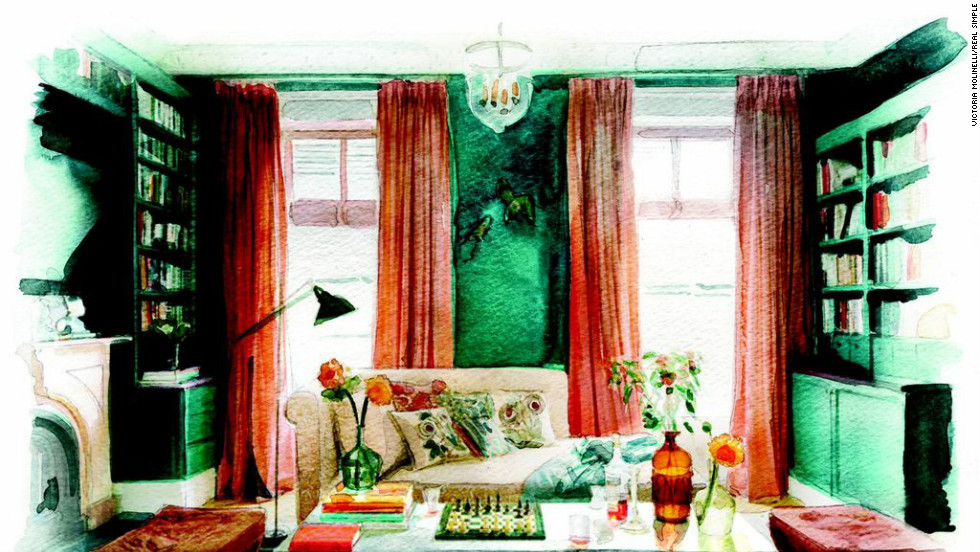 This room, designed by Ellen Hamilton, uses peacock blue and coral as major color players.
