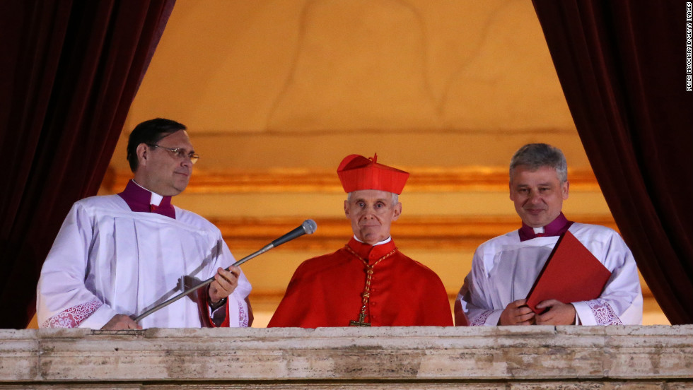 French Cardinal Jean-Louis Tauran, center, announces the new pope.