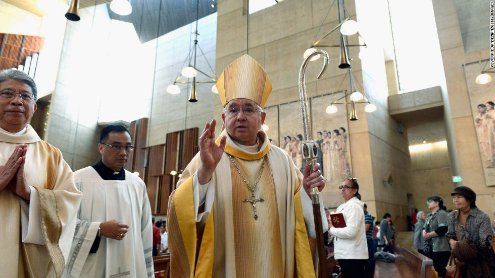 Los Angeles Archbishop Jose Gomez celebrates the midday Mass at the Cathedral of Our Lady of the Angels in recognition of the new pope.