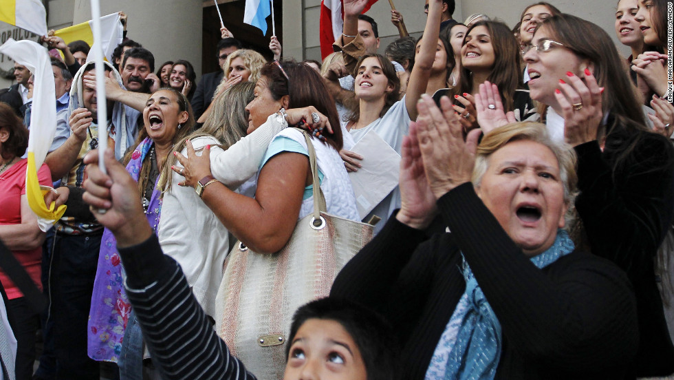 People cheer the election of Cardinal Jorge Bergoglio of Argentina as Pope Francis at the Metropolitan Cathedral in Buenos Aires on March 13.