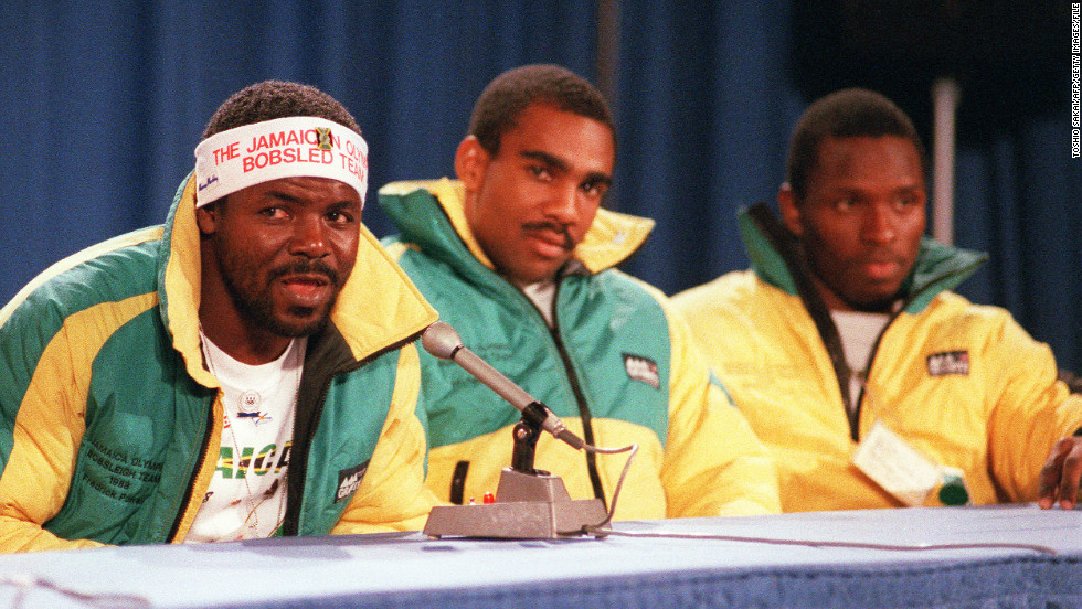 Frederick Powell (L) did the team&#39;s PR duties as they became huge stars at the 1988 Games while Michael White (C) and  Allen Caswell (R) were joined by Dudley and Chris Stokes for the four-man competition that captivated the world.