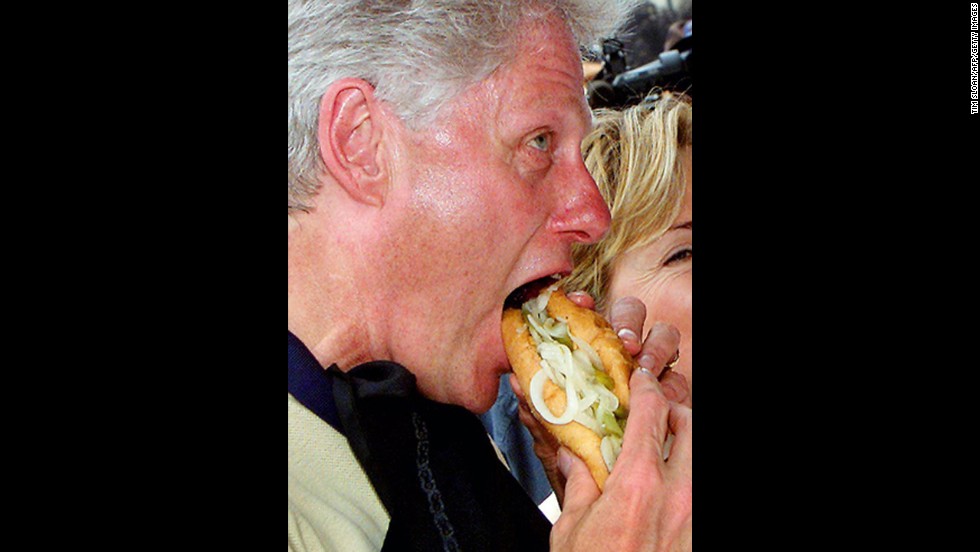 President Bill Clinton is eating at a sausage stand at the New York State Fair in 2000. The former president had a voracious appetite and eventually he had to adopt a vegan diet after two heart surgeries.  