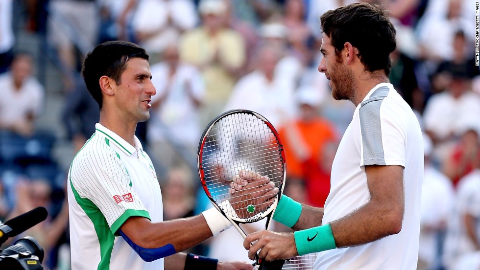 World No.1 Novak Djokovic congratulates Argentina&#39;s Juan Martin del Potro on his  4-6 6-4 6-4 victory at Indian Wells. Del Potro will face Rafael Nadal in Sunday&#39;s final.