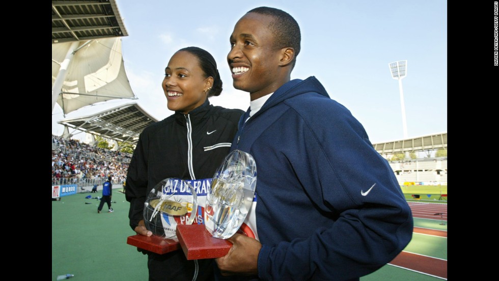 Track stars Marion Jones and Tim Montgomery went from power couple to notorious dopers after admitting to using performance-enhancing drugs in 2007. They had a child together, Tim, Jr., and have since split. Pictured, Jones and Montgomery pose with their trophies after their races, on September 14, 2002, during the IAAF Grand-Prix Final at Paris&#39; Charlety Stadium.