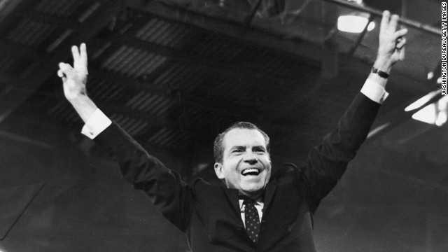 Richard Nixon gives the victory sign after receiving the presidential nomination at the Republican National Convention, in Miami, Florida, August 1968.