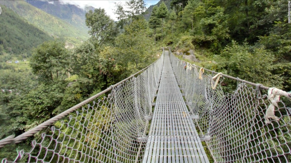 Mudslide Bridge crosses a chasm along the trekking route from Lukla to Namche Bazaar near Mount Everest in Nepal. It&#39;s been wiped out by mudslides several times.