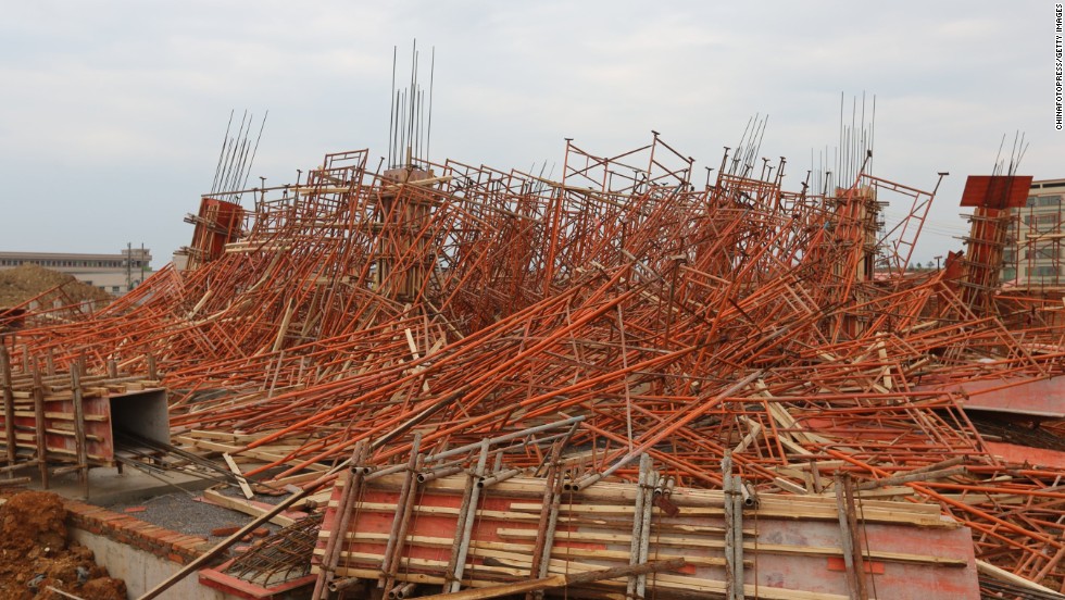 A tornado leaves scaffolding in tatters on Wednesday, March 20, in Daoxian, China. 