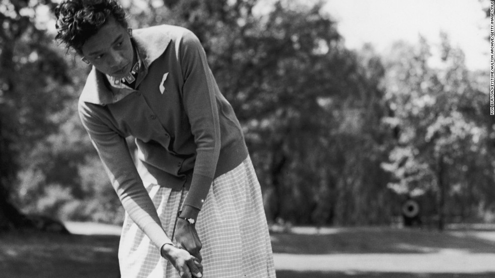 Pioneering tennis player Althea Gibson followed in the footsteps of boxer Joe Louis when she became the first black woman to play on the LPGA Tour in the U.S. in 1964. Louis was the first black man to play on the PGA Tour 12 years earlier. Gibson won 11 grand slam singles and doubles titles on the court, but her best finish as a golf pro was a tie for second at an LPGA event in Ohio in 1970.