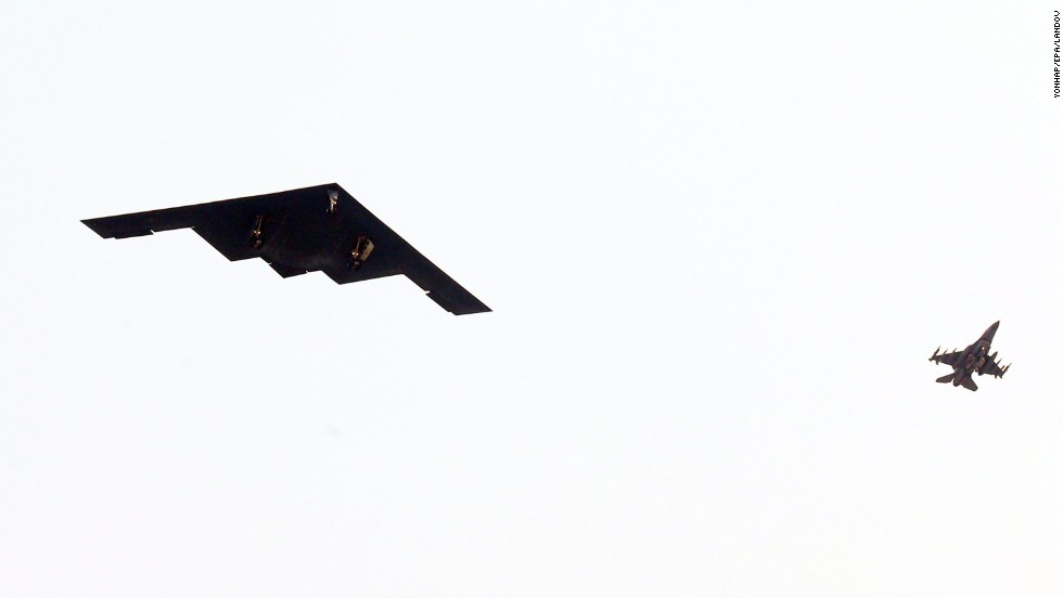 The United States said Thursday, March 28, that it flew stealth bombers over South Korea to participate in annual military exercises amid spiking tensions with North Korea. Pictured, a B-2 Spirit stealth bomber flies over South Korea&#39;s western port city of Pyeongtaek.