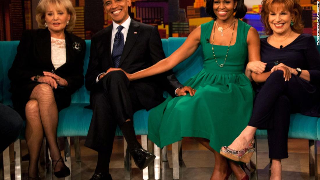 Walters and Behar pose with President Barack Obama and first lady Michelle Obama on the set of &quot;The View&quot; in 2012.
