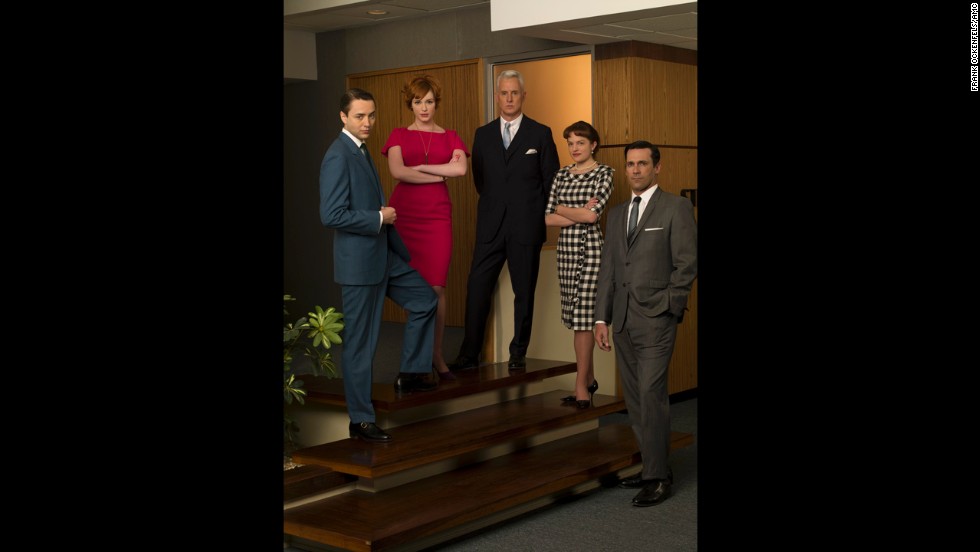 The cast in the Sterling Cooper office. From left, sales exec Pete Campbell (Vincent Kartheiser), Joan, Roger, Peggy and Don.