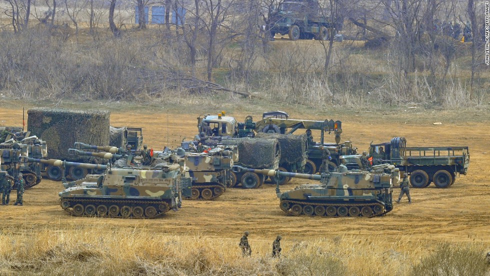 South Korean soldiers with K-55 self-propelled Howitzers stage at a military training field in the border city of Paju on Friday, April 5, as tensions continue to  mount on the Korean peninsula.